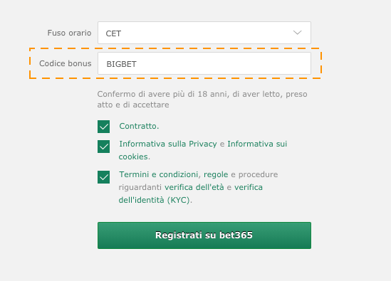 codice bonus bet365 registrazione