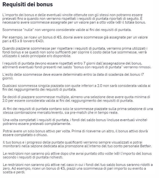 betfair bonus termini e condizioni
